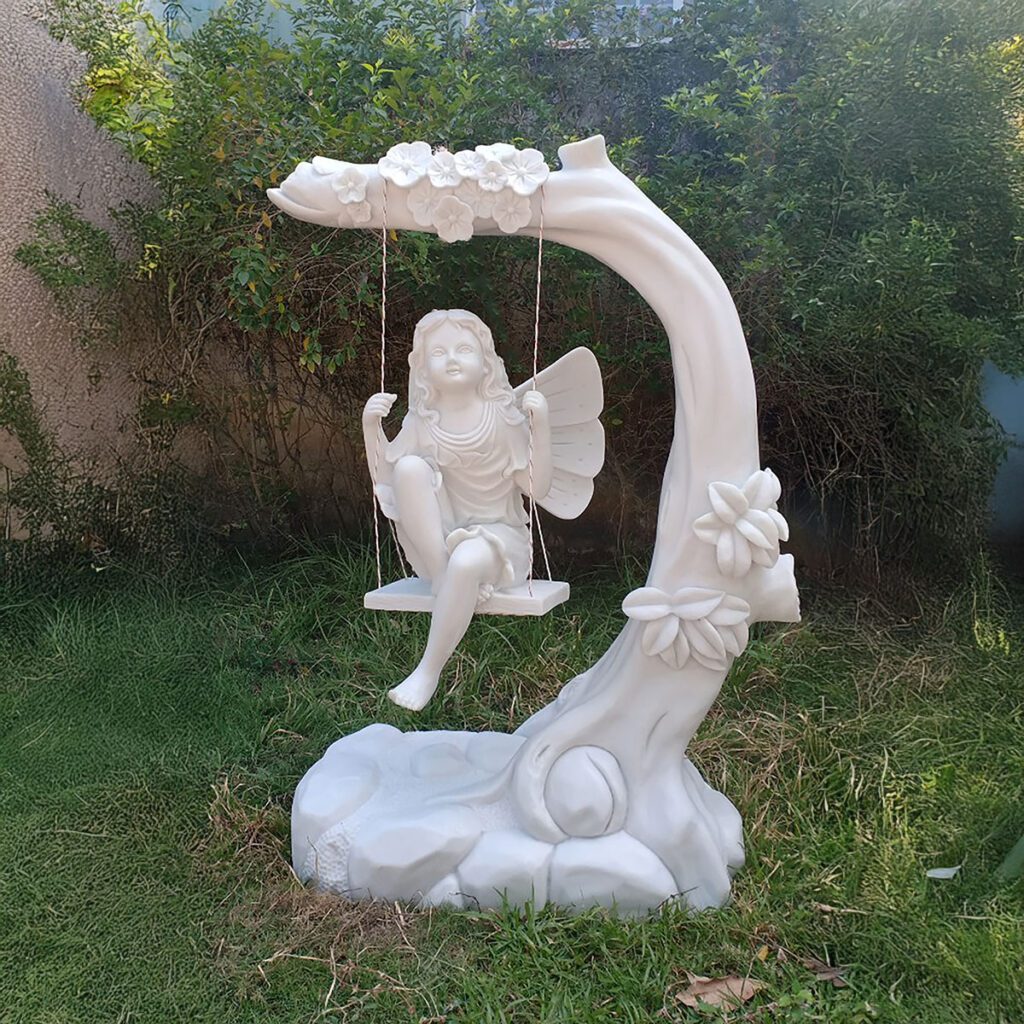 Enigma Marble Effect XL Fairy On Swing With Tree Garden Statue 5060235339783 2